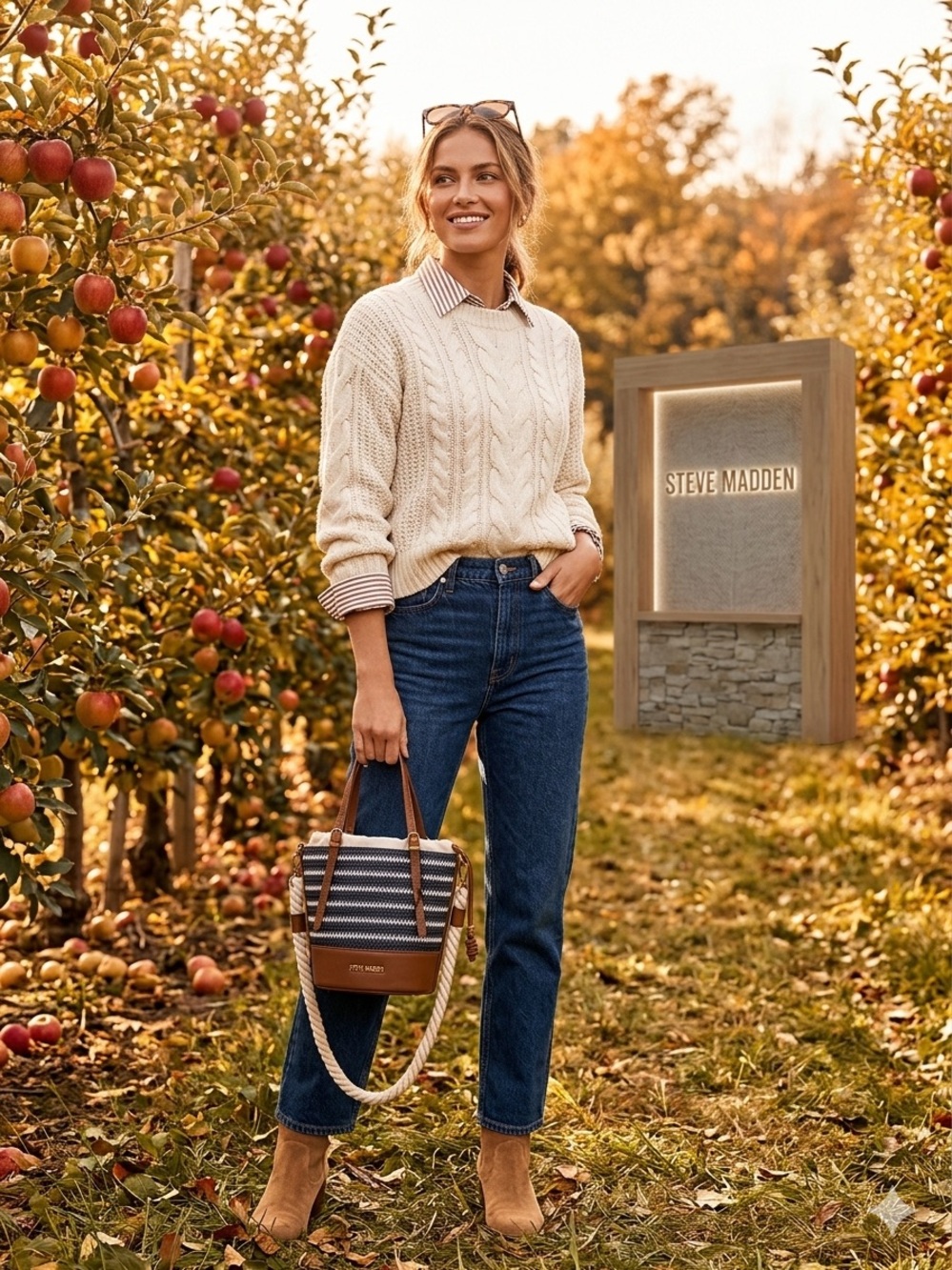 Steve Madden Striped Bucket Crossbody Tote Rope Handle Brown